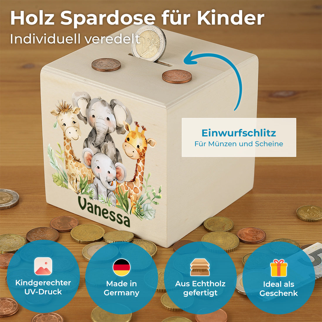Personalisierte Spardose für Kinder Motiv "Tiersafari" - personalisiert