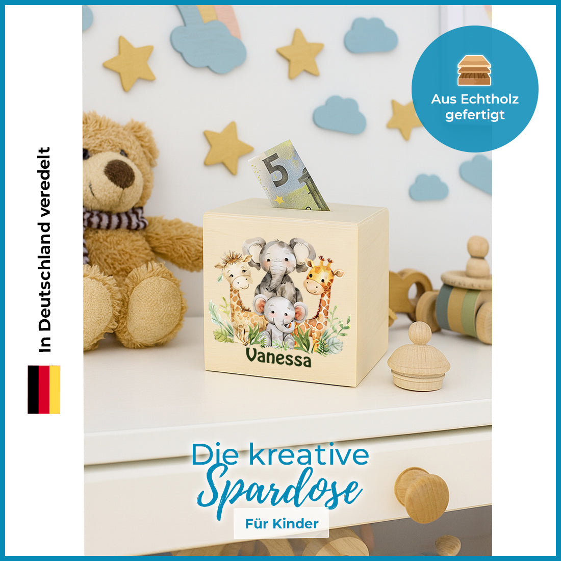 Personalisierte Spardose für Kinder Motiv "Tiersafari" - personalisiert