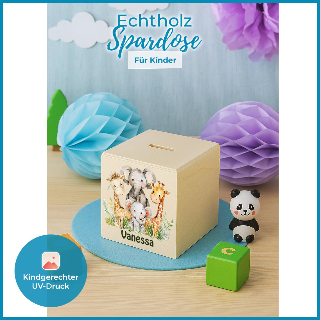 Personalisierte Spardose für Kinder Motiv "Tiersafari" - personalisiert