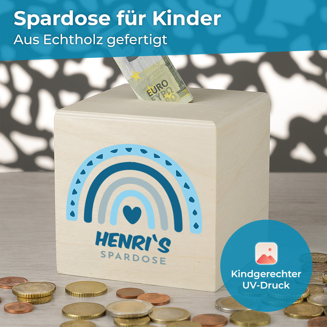 Spardose mit UV-Druck für Kinder Regenbogen