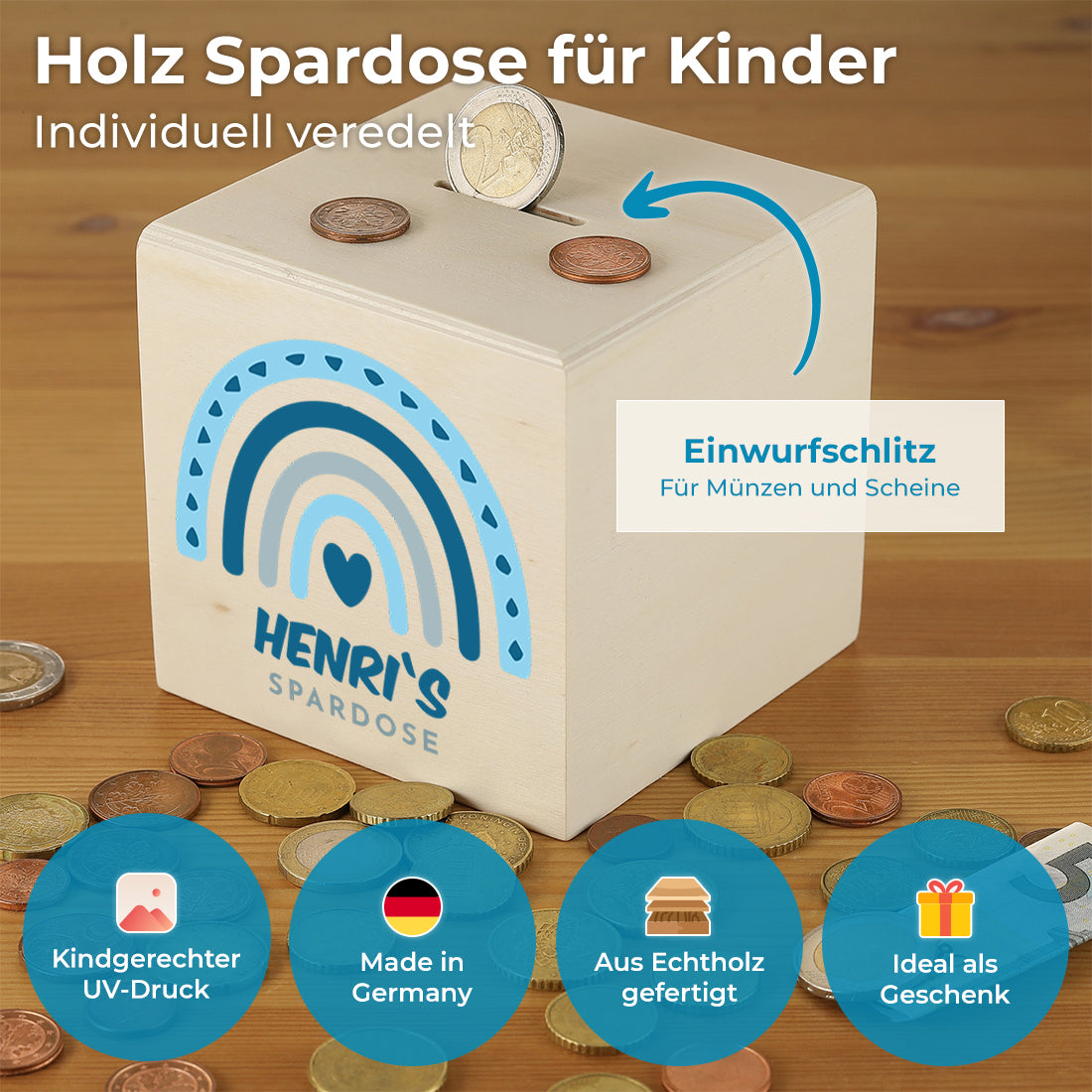 Spardose mit UV-Druck für Kinder Regenbogen