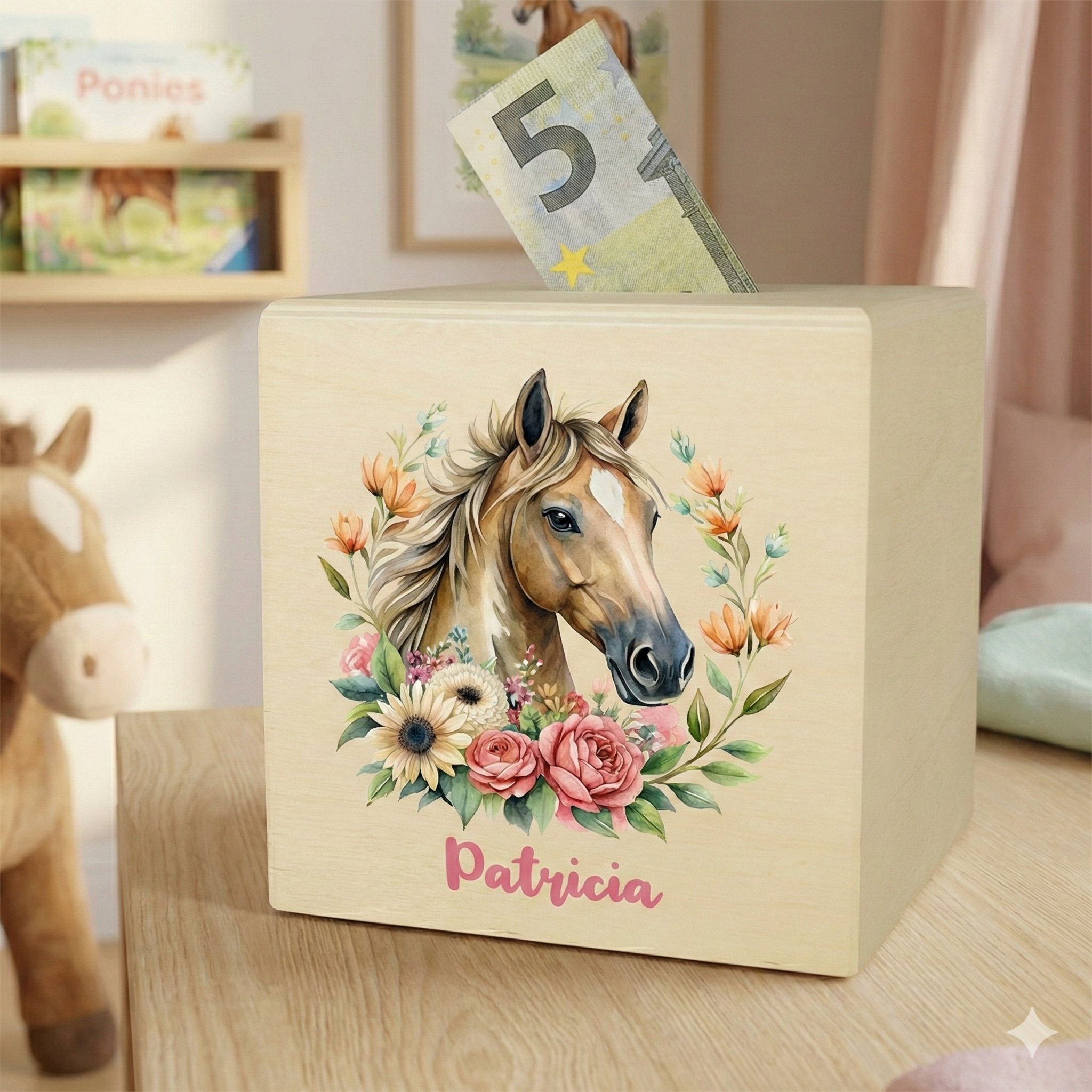 Spardose aus Holz mit Pferde-Motiv für Mädchen - mit Namen graviert