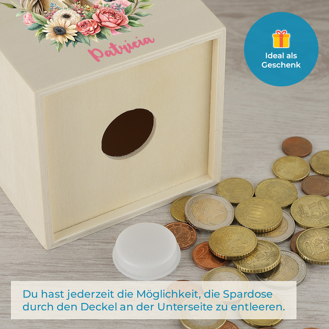 Spardose aus Holz mit Pferde-Motiv für Mädchen - mit Namen graviert