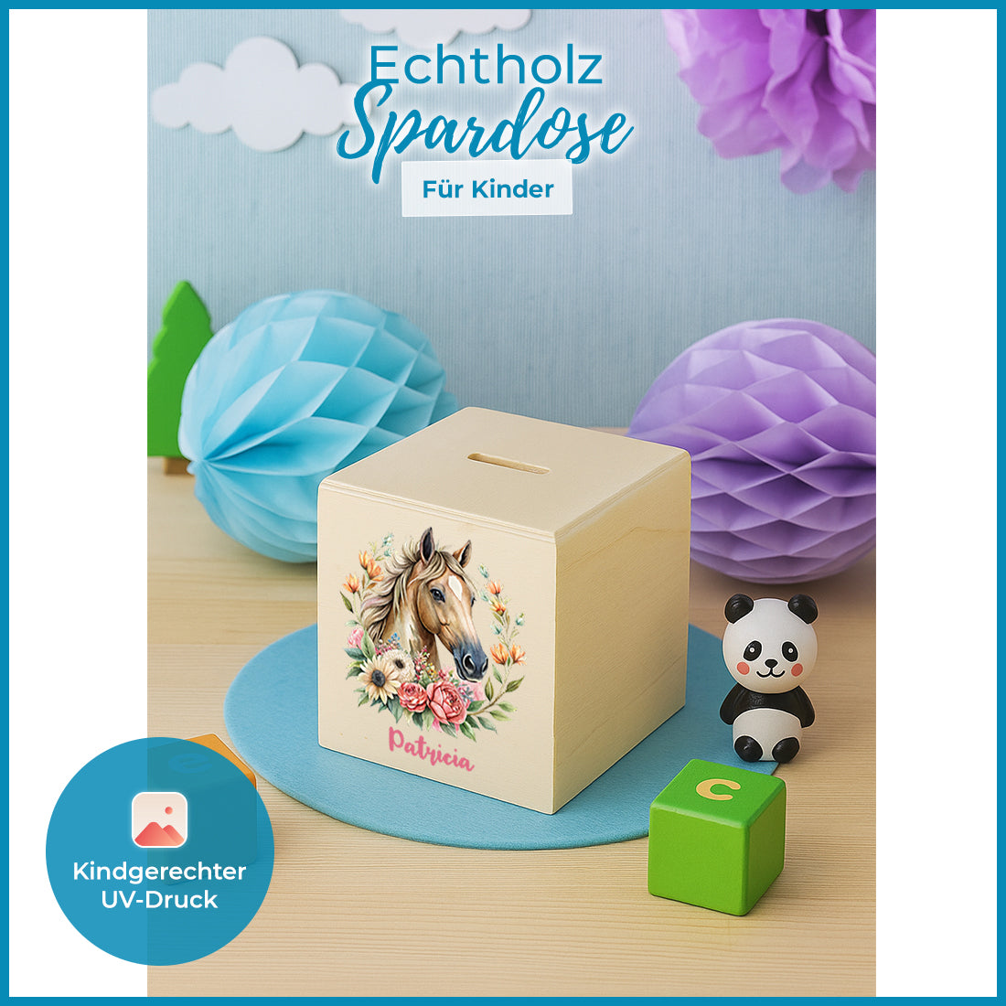Spardose aus Holz mit Pferde-Motiv für Mädchen - mit Namen graviert