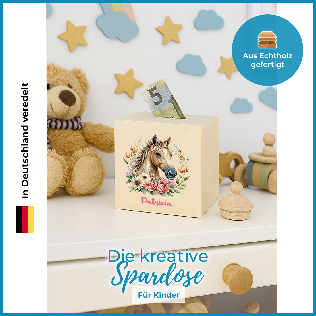 Spardose aus Holz mit Pferde-Motiv für Mädchen - mit Namen graviert