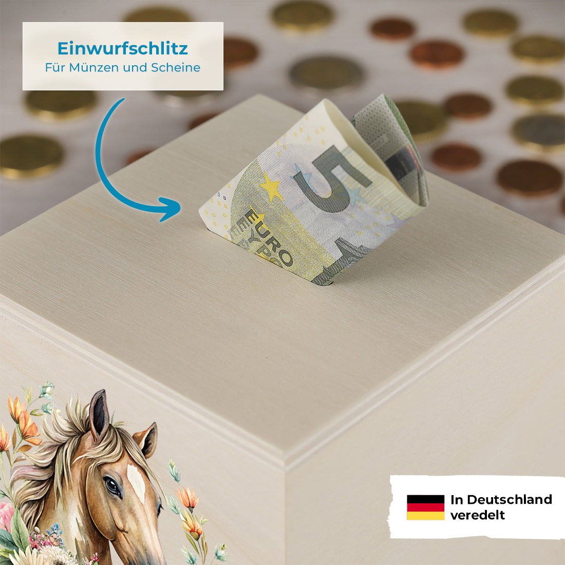 Spardose aus Holz mit Pferde-Motiv für Mädchen - mit Namen graviert