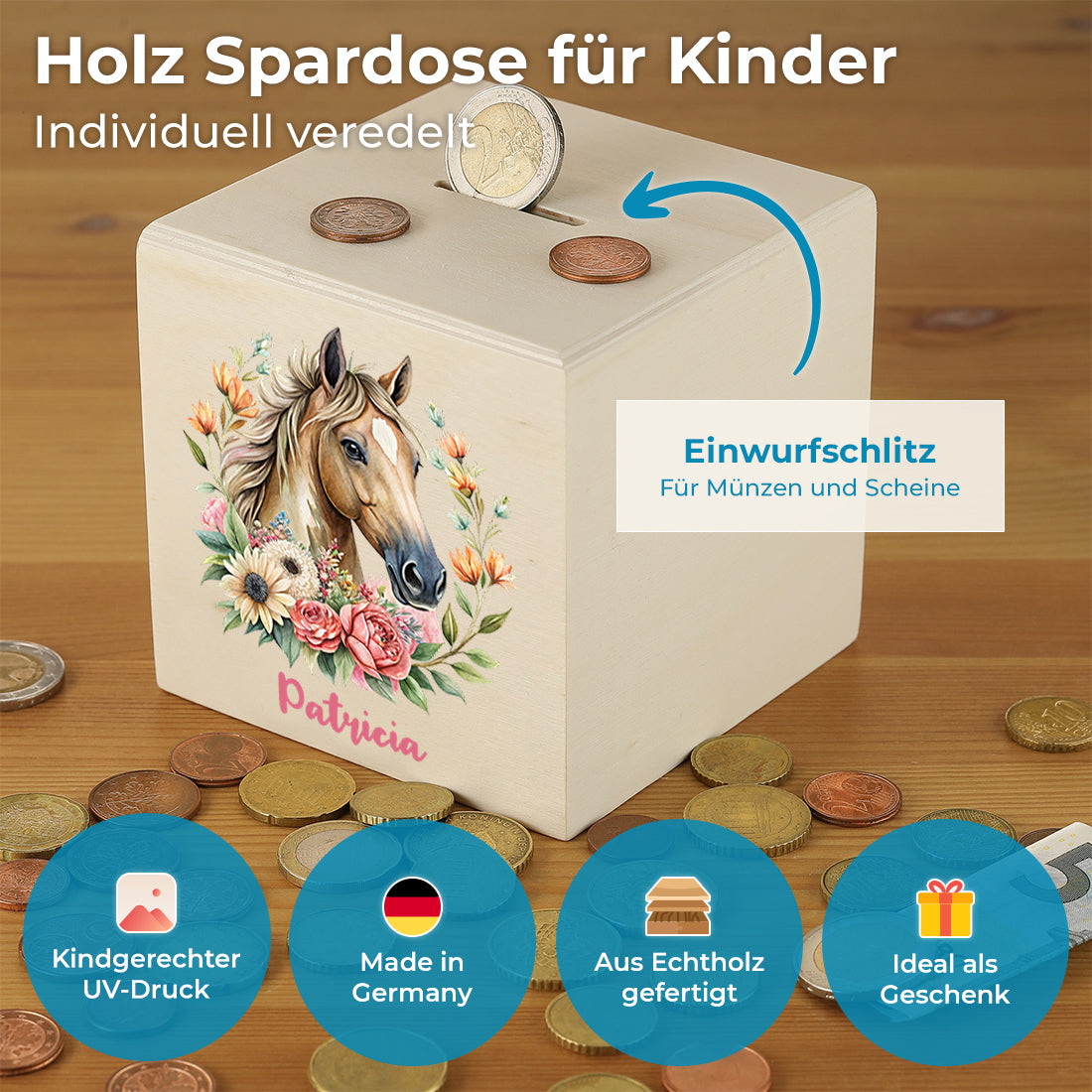 Spardose aus Holz mit Pferde-Motiv für Mädchen - mit Namen graviert