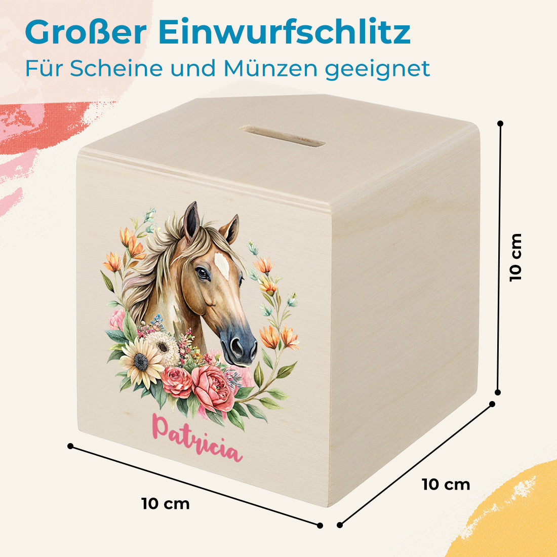 Spardose aus Holz mit Pferde-Motiv für Mädchen - mit Namen graviert