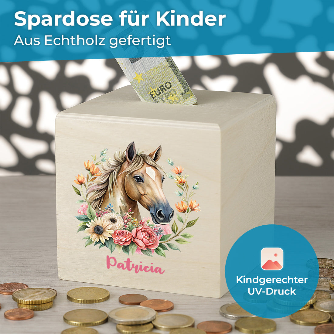 Spardose aus Holz mit Pferde-Motiv für Mädchen - mit Namen graviert
