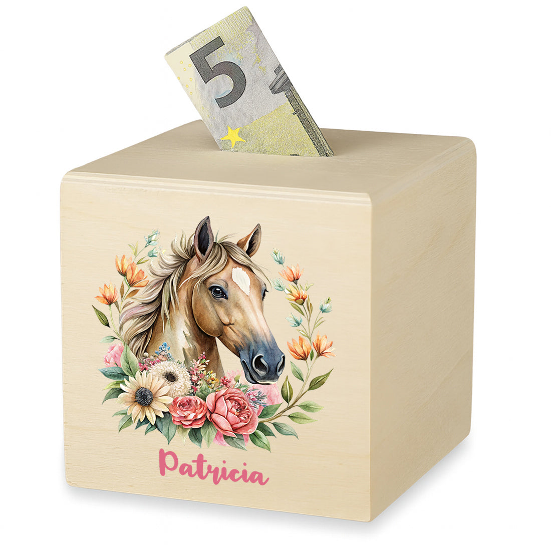 Spardose aus Holz mit Pferde-Motiv für Mädchen - mit Namen graviert