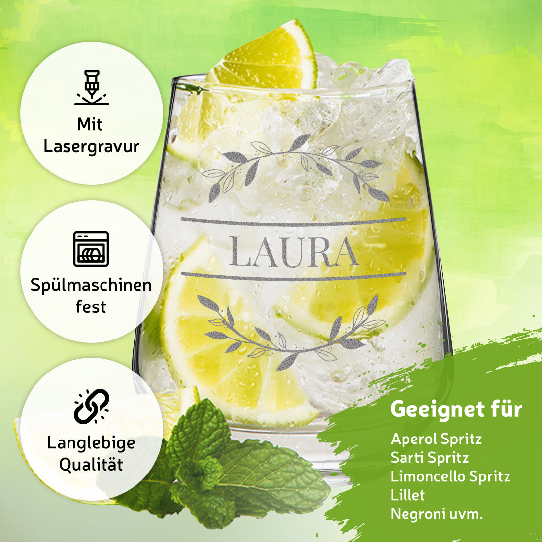 Cocktailglas elegant 425 ml mit personalisierter Gravur - Motiv "Blumenkreis"