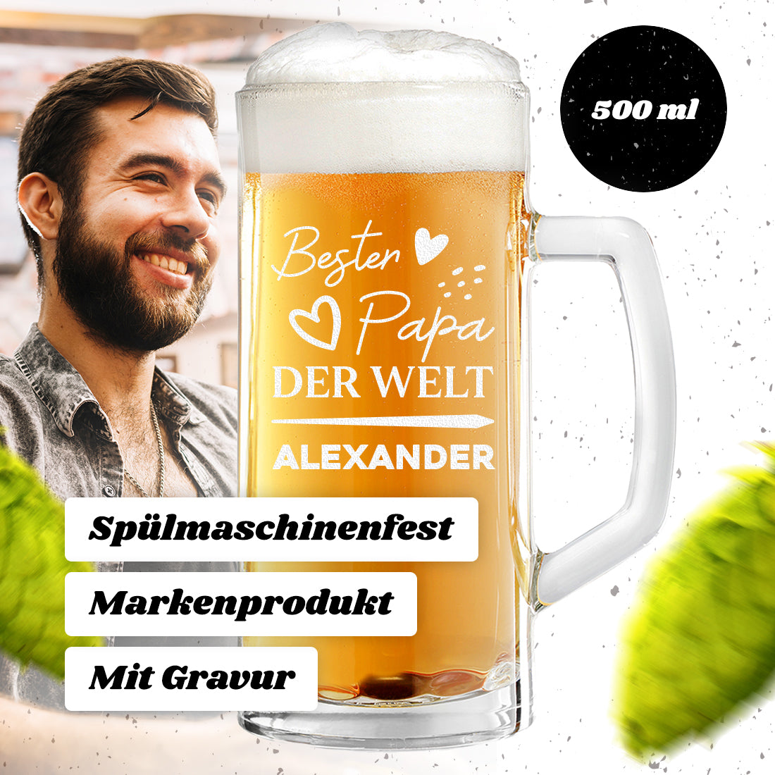 Bierseidel 0,5 Liter mit personalisierter Gravur - Bester Papa der Welt