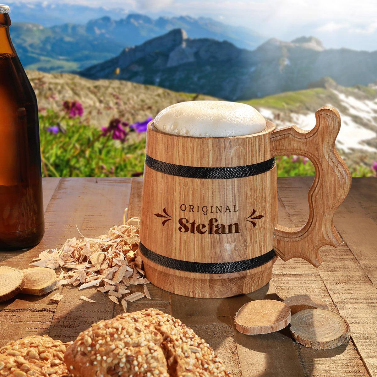 Bierkrug 0,5 Liter aus Eichenholz mit Gravur