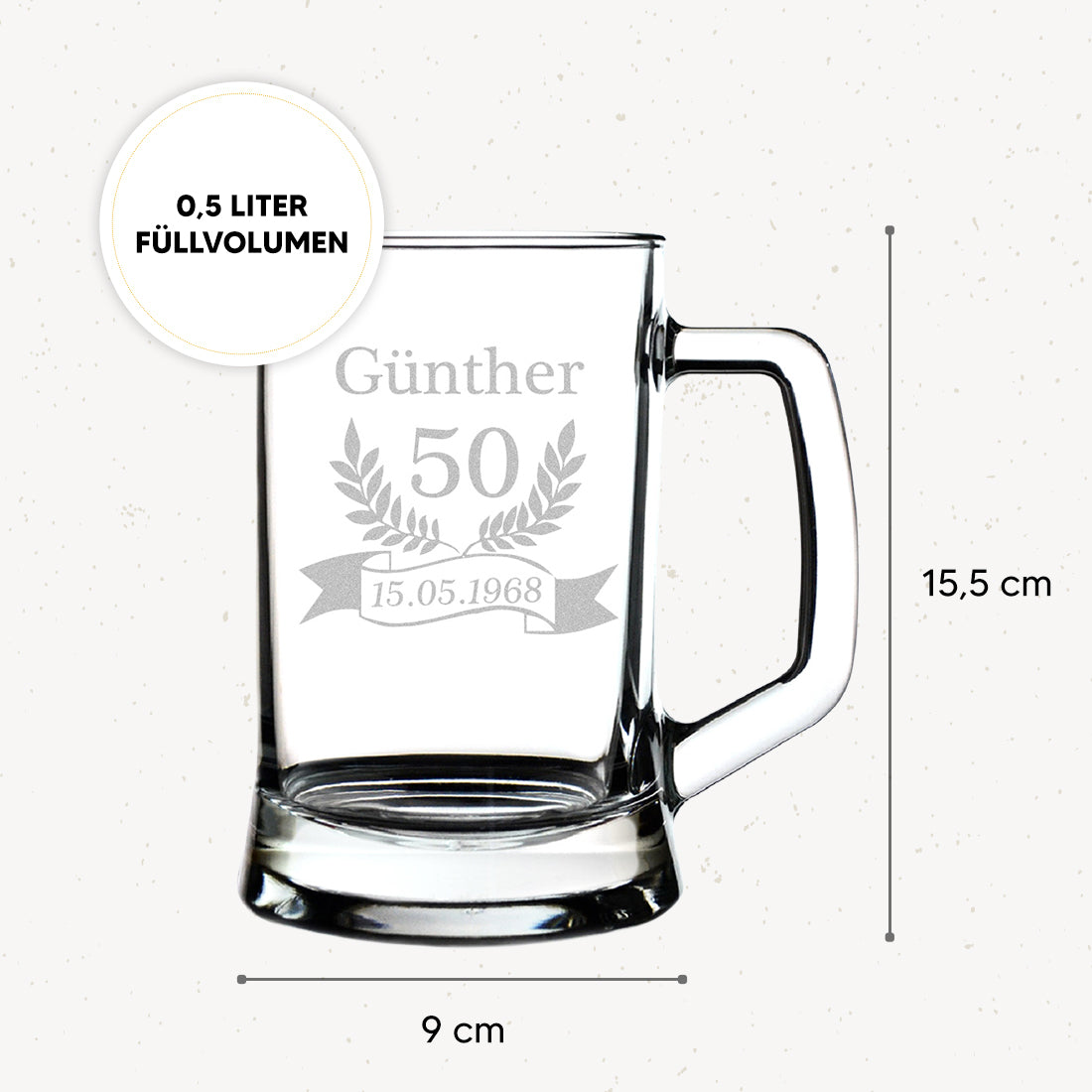 Personalisierter Bierkrug 0,5 Liter mit Gravur - ideal zum Geburtstag
