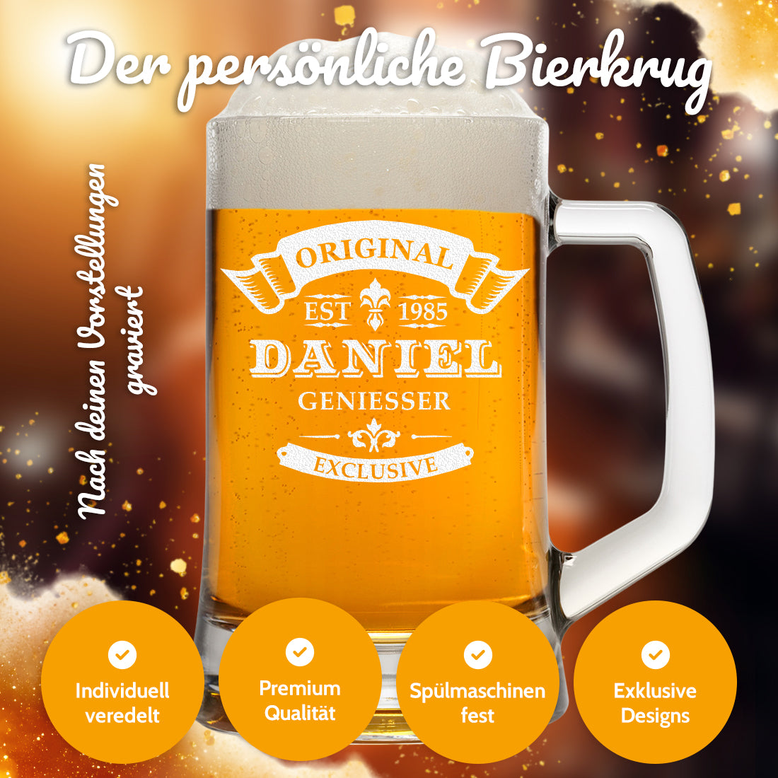 Bierkrug 0,5 Liter mit Ornament personalisiert