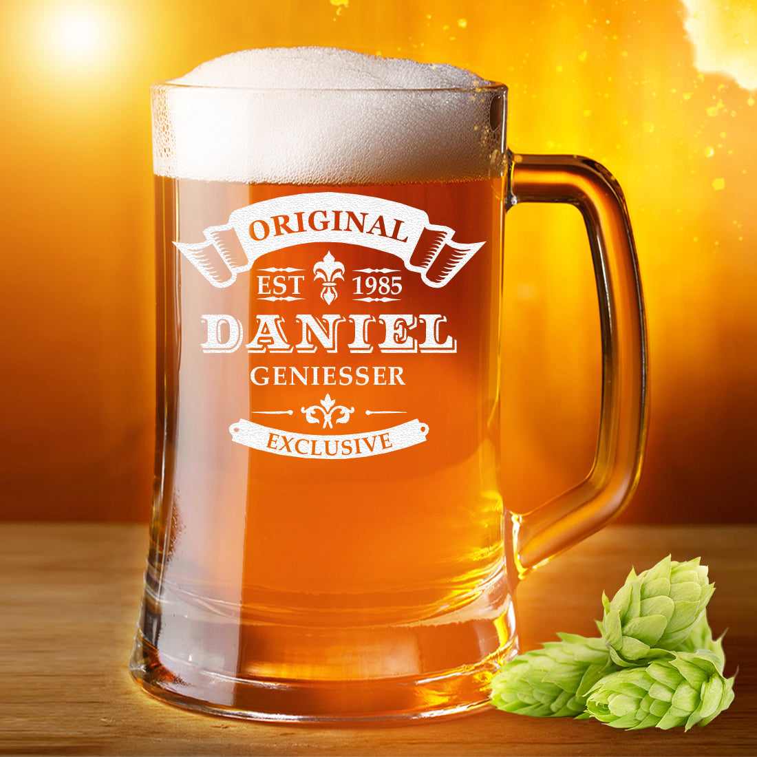 Bierkrug 0,5 Liter mit Ornament personalisiert