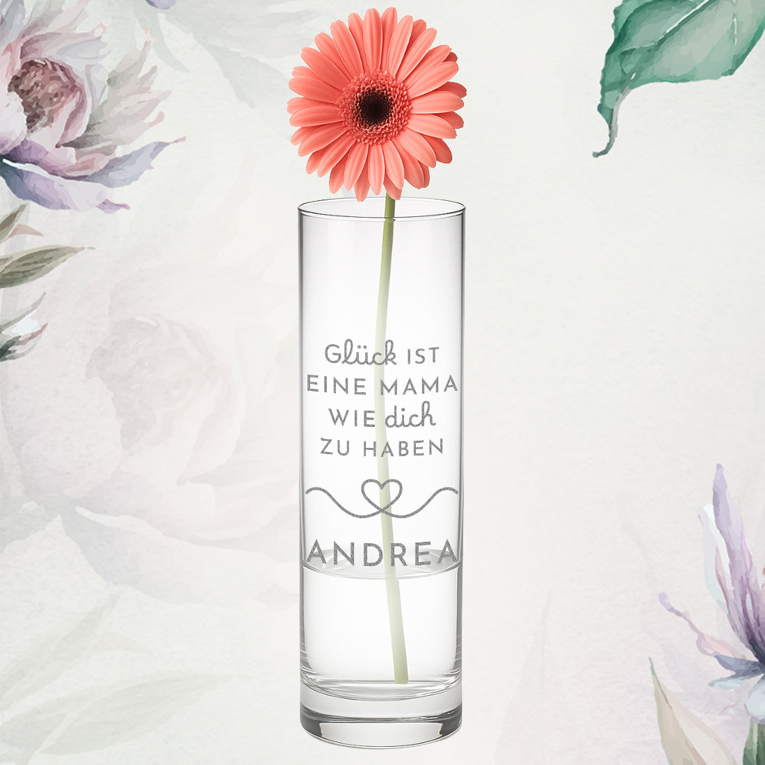 Blumenvase Zylinder aus Glas mit Gravur für Mama