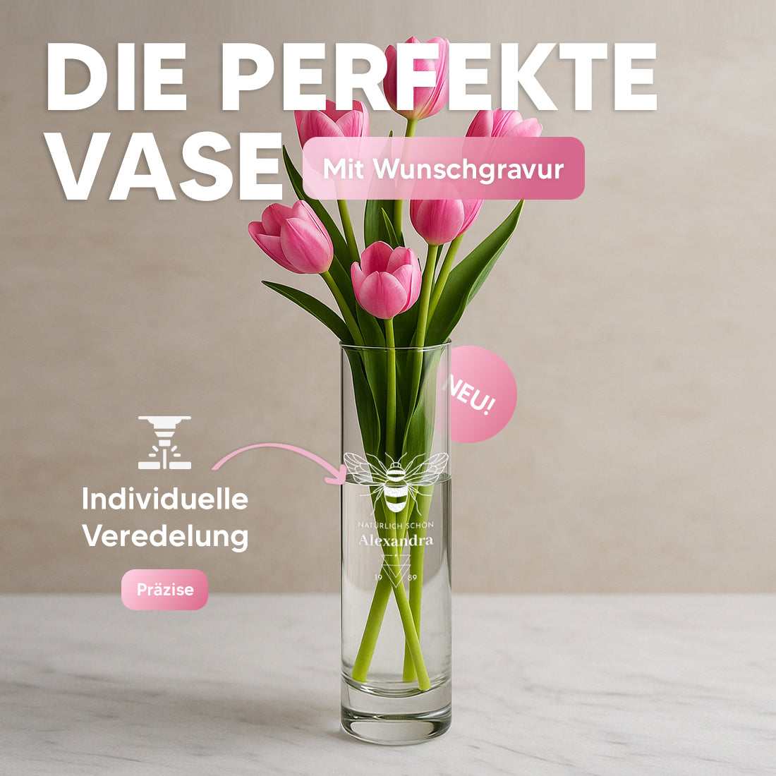 Blumenvase aus Glas mit personalisierter Gravur "Natürlich schön"