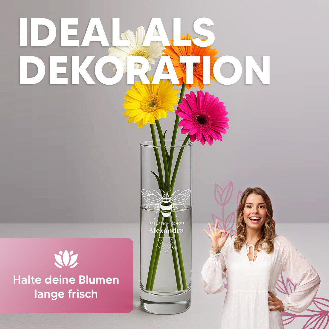 Blumenvase aus Glas mit personalisierter Gravur "Natürlich schön"