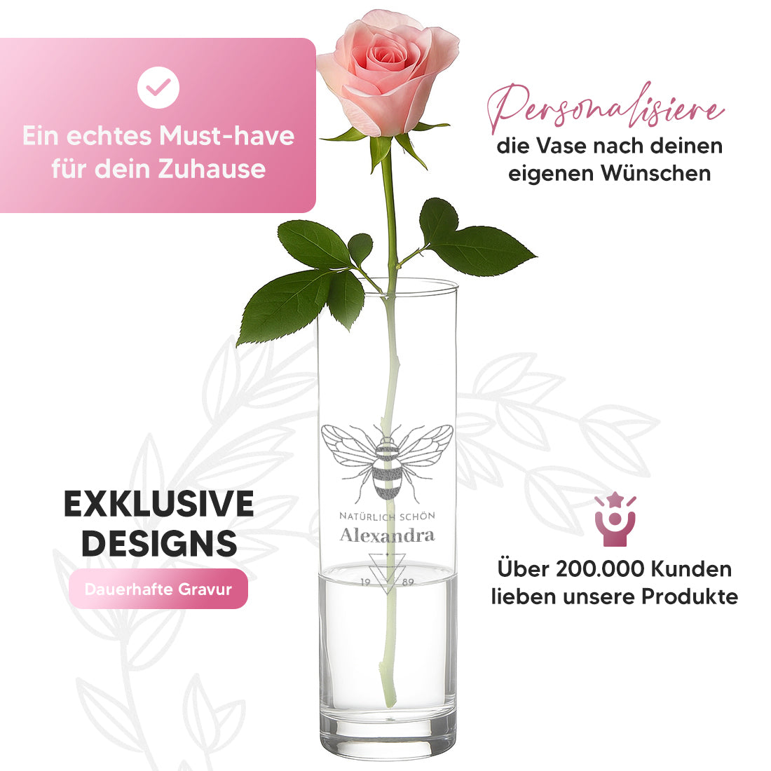 Blumenvase aus Glas mit personalisierter Gravur "Natürlich schön"
