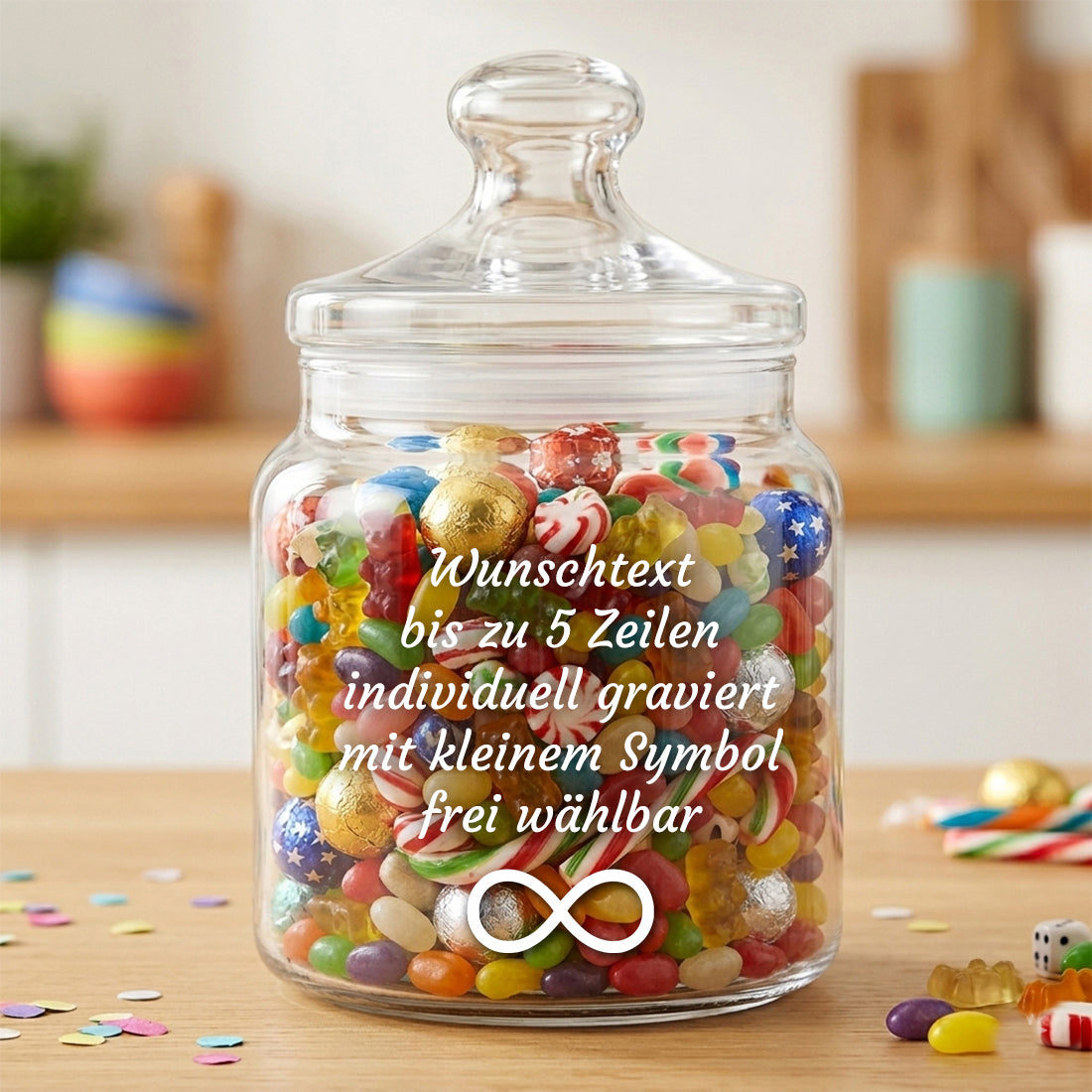 Bunt gefülltes Bonbonglas mit Wunschtext-Gravur und Unendlichkeits-Symbol