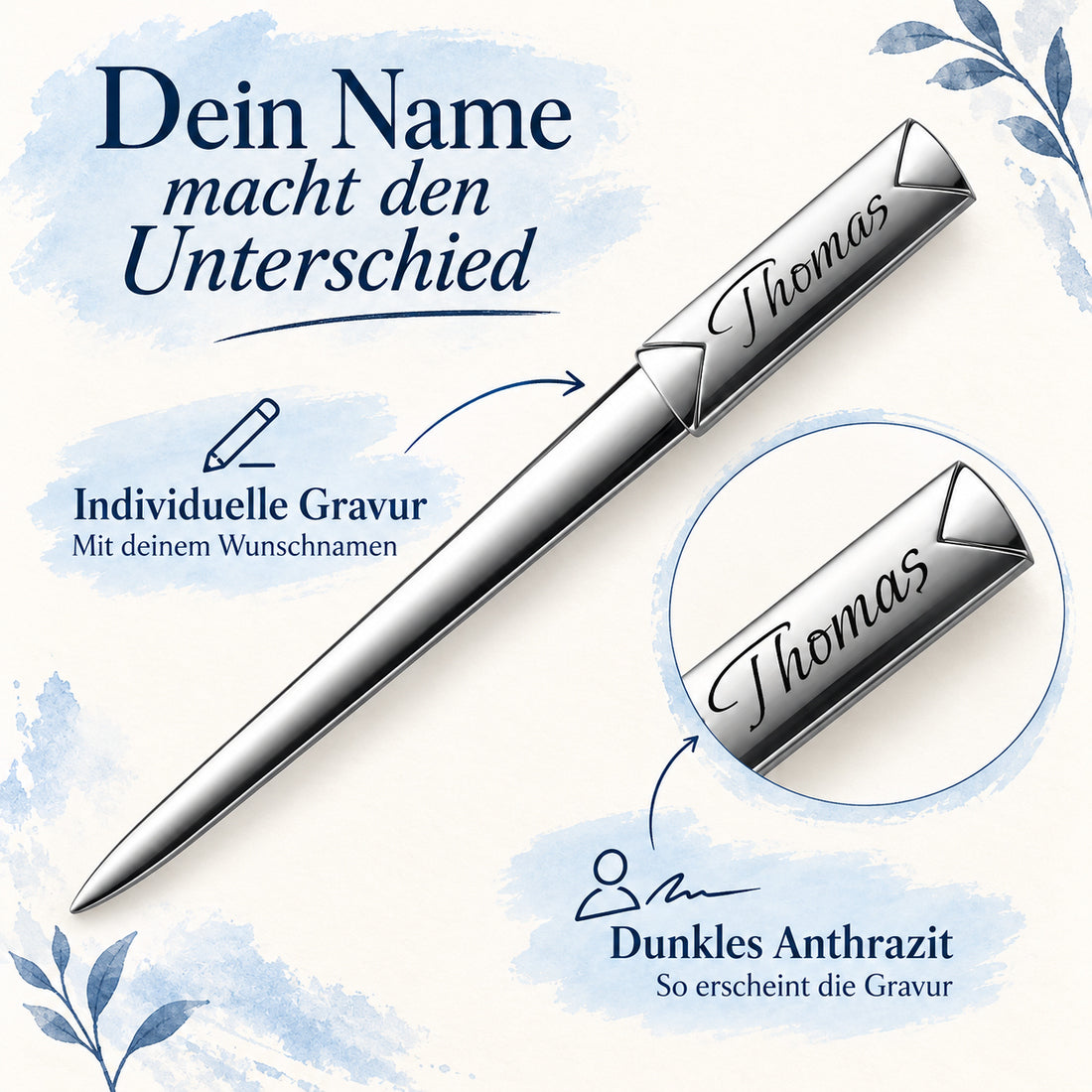 Digitale Detailvorschau der Namensgravur Thomas auf dem silberfarbenen Brieföffner.