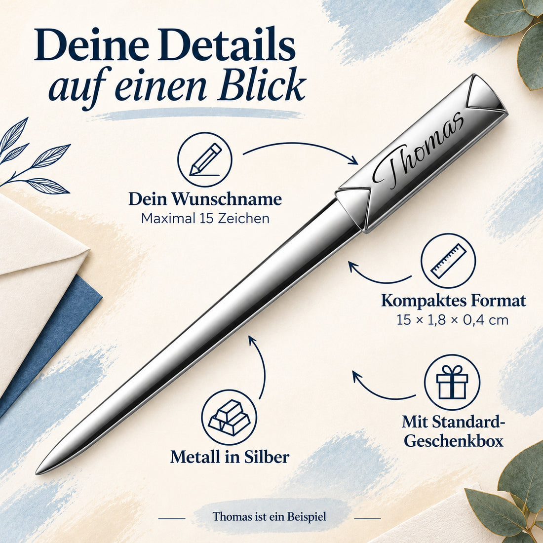 Informationsbild zur Personalisierung des Brieföffners mit einem Wunschnamen bis 15 Zeichen.
