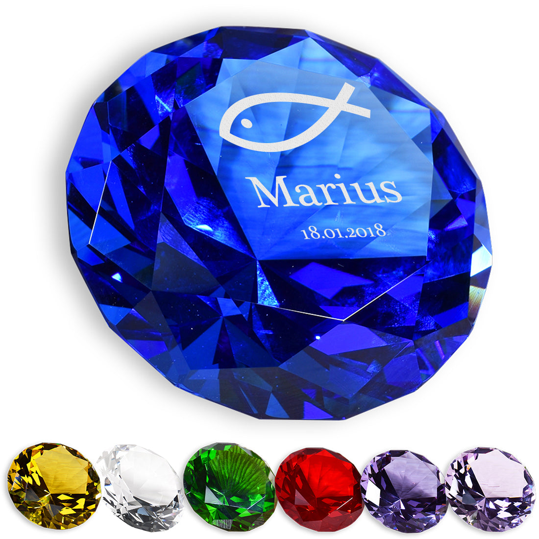 Deko Diamant "Fisch" mit Gravur als Taufgeschenk - 7 Farben