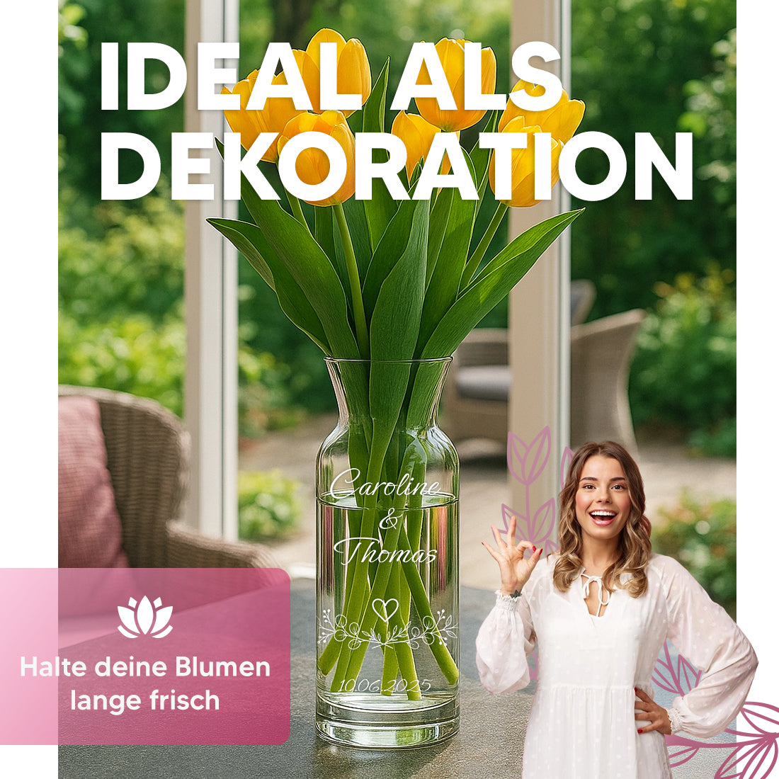 Personalisierte Glasvase mit frischen Tulpen als ideale Dekoration für das Zuhause