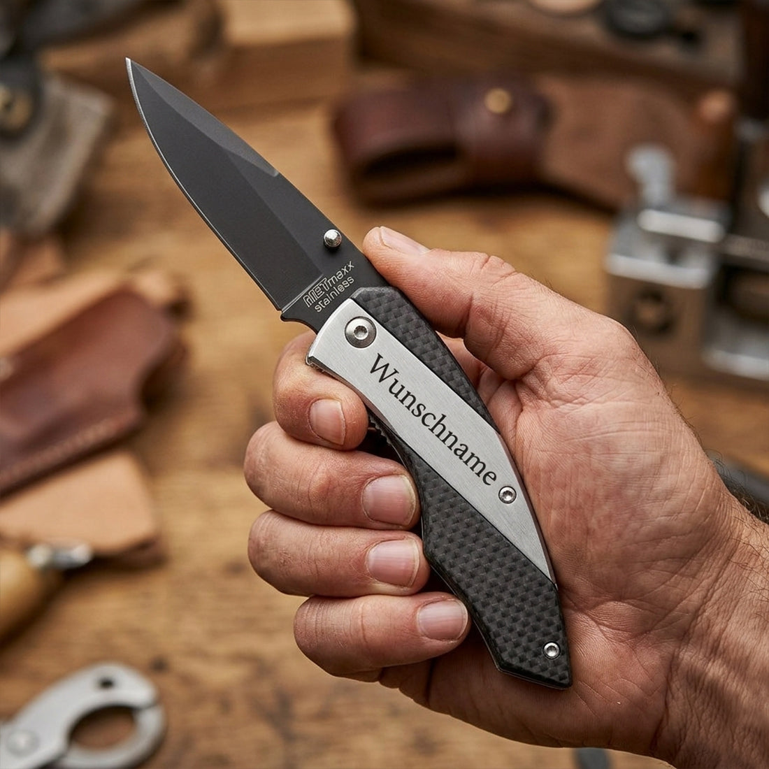 Profi-Einhandmesser im Carbon-Look mit individueller Gravur