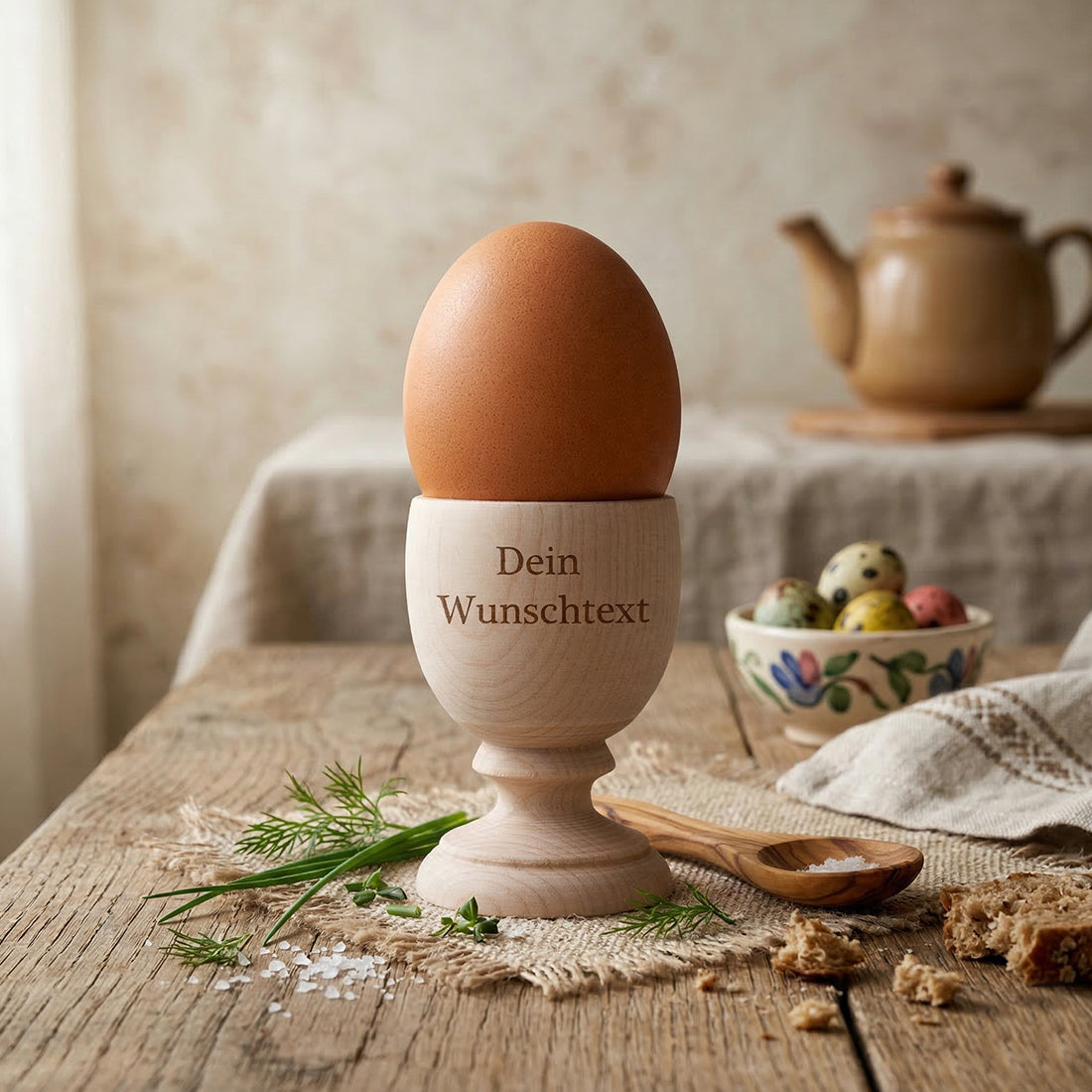Alt-Text: Personalisierter Eierbecher aus hellem Ahornholz mit individueller Lasergravur 'Dein Wunschtext'.