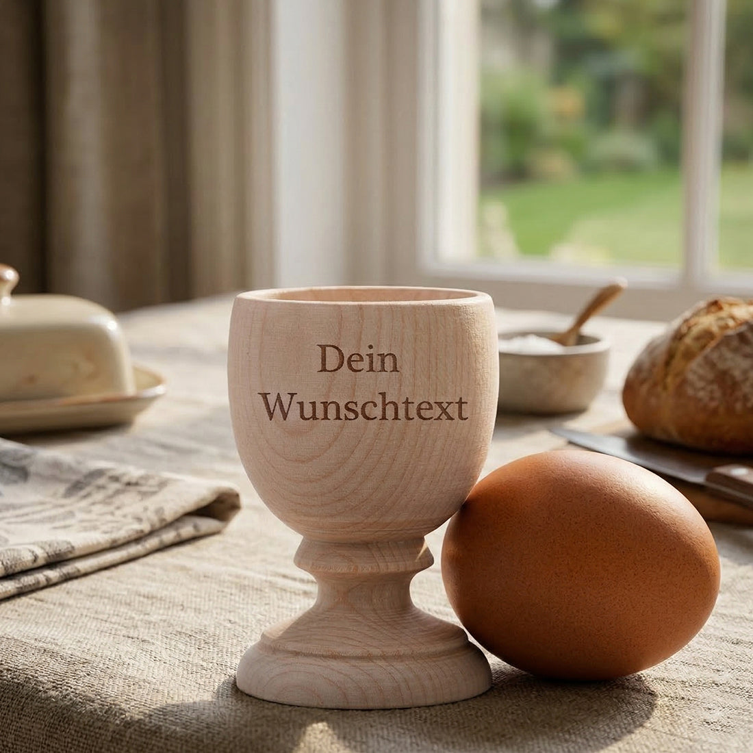 Kompakter Eierbecher aus Ahornholz, Höhe 6,5 cm, langlebiges und plastikfreies Küchenutensil.