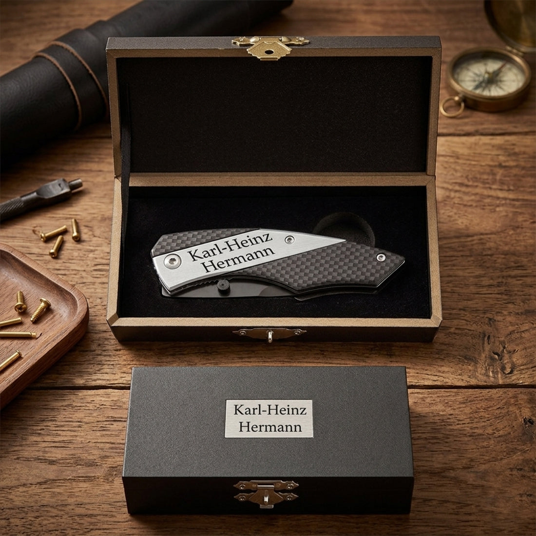 Profi-Einhandmesser im Carbon-Look mit individueller Gravur
