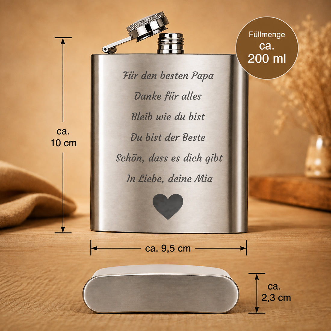 Abmessungen und 200ml Fassungsvermögen des Edelstahl-Flachmanns
