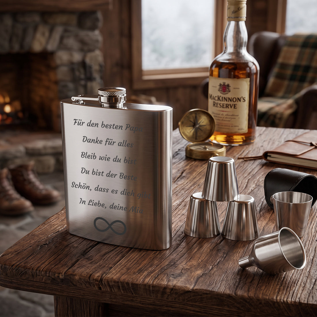 Gravierter Flachmann aus Edelstahl auf einem rustikalen Holztisch neben einer Whiskeyflasche