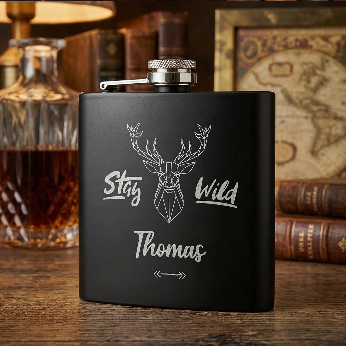 Flachmann mit Polygon-Hirsch, „Stay Wild“ und Beispielname Thomas in einer Waldszene.