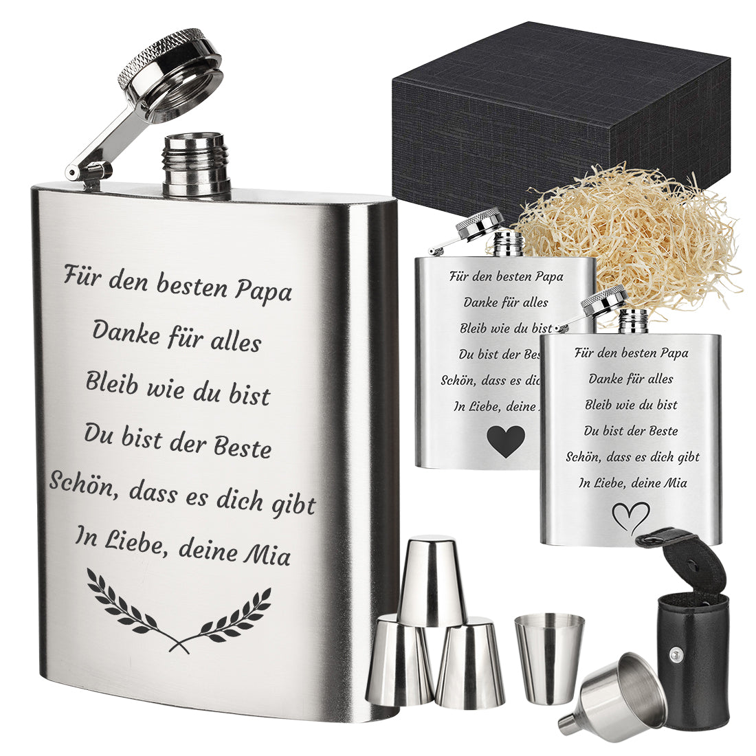 Personalisiertes Flachmann Set aus Edelstahl mit Wunschgravur, Trinkbechern, Trichter und Geschenkkarton