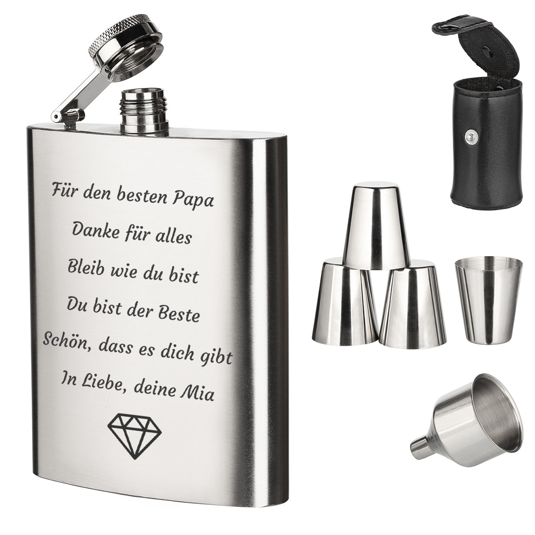 Personalisiertes Flachmann Set mit Laser-Gravur und Diamant-Symbol