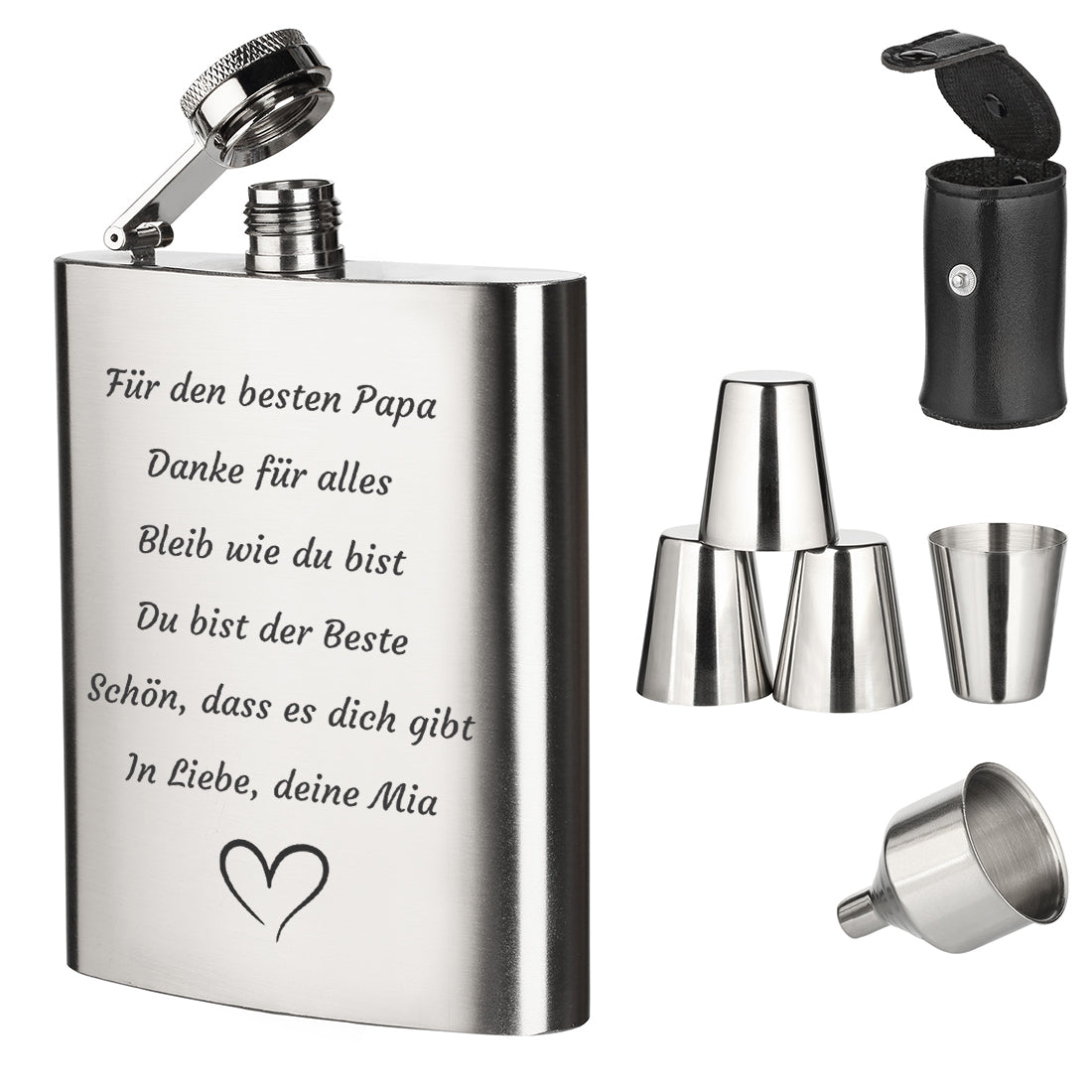 Edelstahl-Flachmann mit individueller Gravur und Herz-Outline-Motiv
