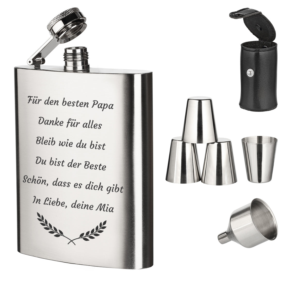 Flachmann Set aus Edelstahl mit Wunschgravur und Lorbeerkranz-Motiv