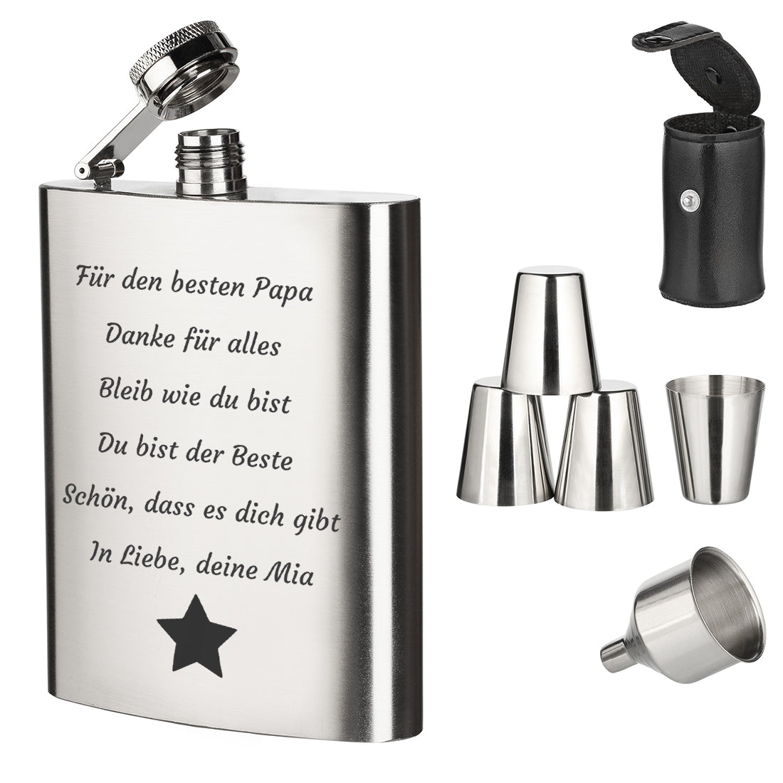 Edelstahl-Flachmann mit Wunschtext und Stern-Gravur im Geschenkset