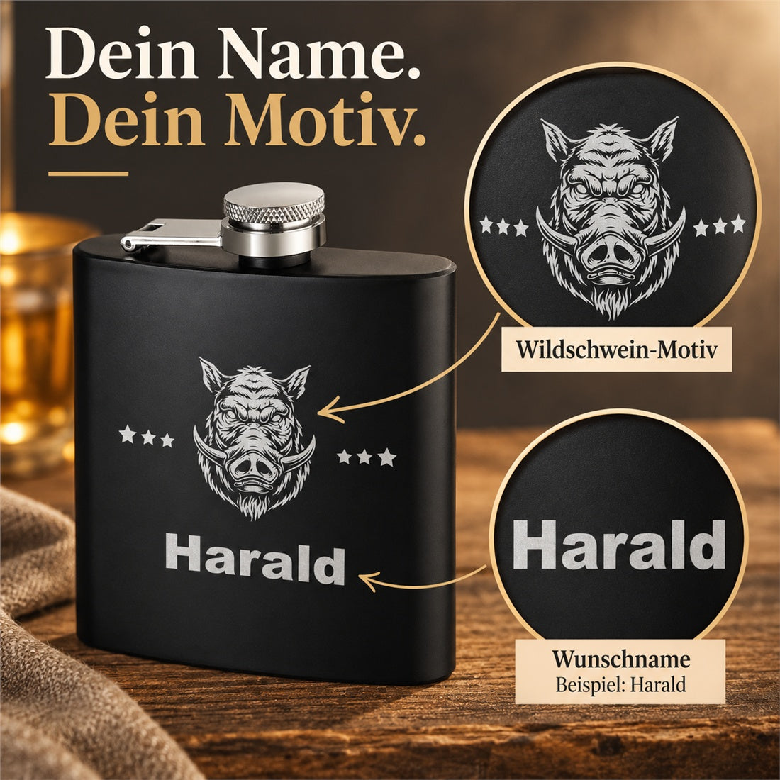 Informationsbild zum schwarzen Wildschwein-Flachmann mit Wunschname und erkennbarem Motivausschnitt.