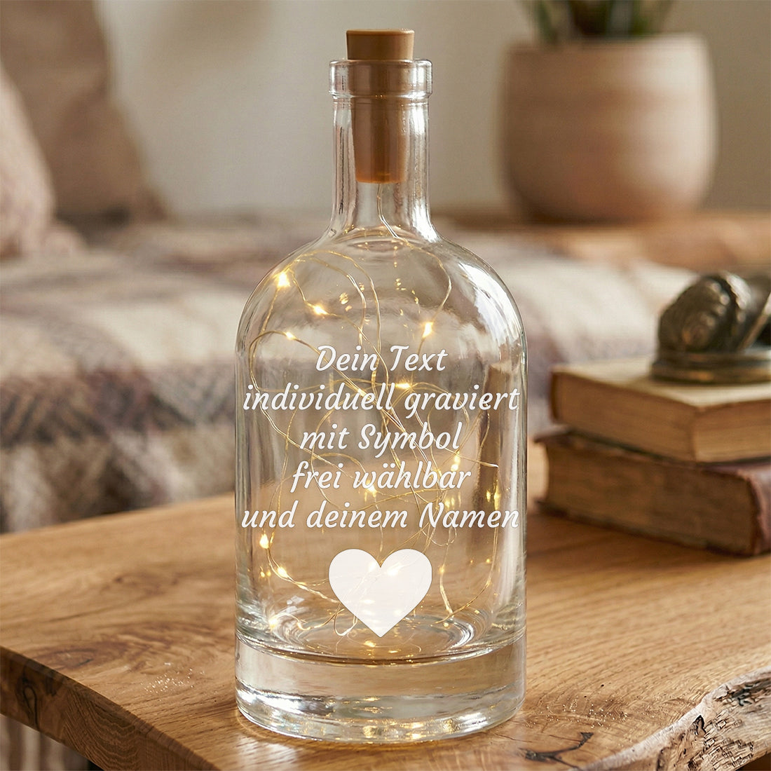 Personalisiertes LED-Flaschenlicht mit Herz-Gravur und individuellem Namen als romantisches Geschenk.