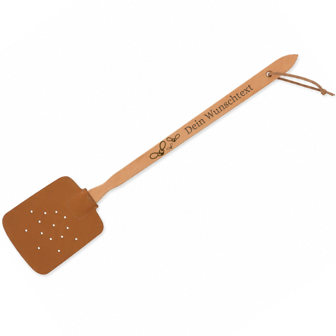 Personalisierte Fliegenklatsche aus Holz mit Fliegen-Motiv, graviertem Wunschtext und braunem Kunstlederkopf.