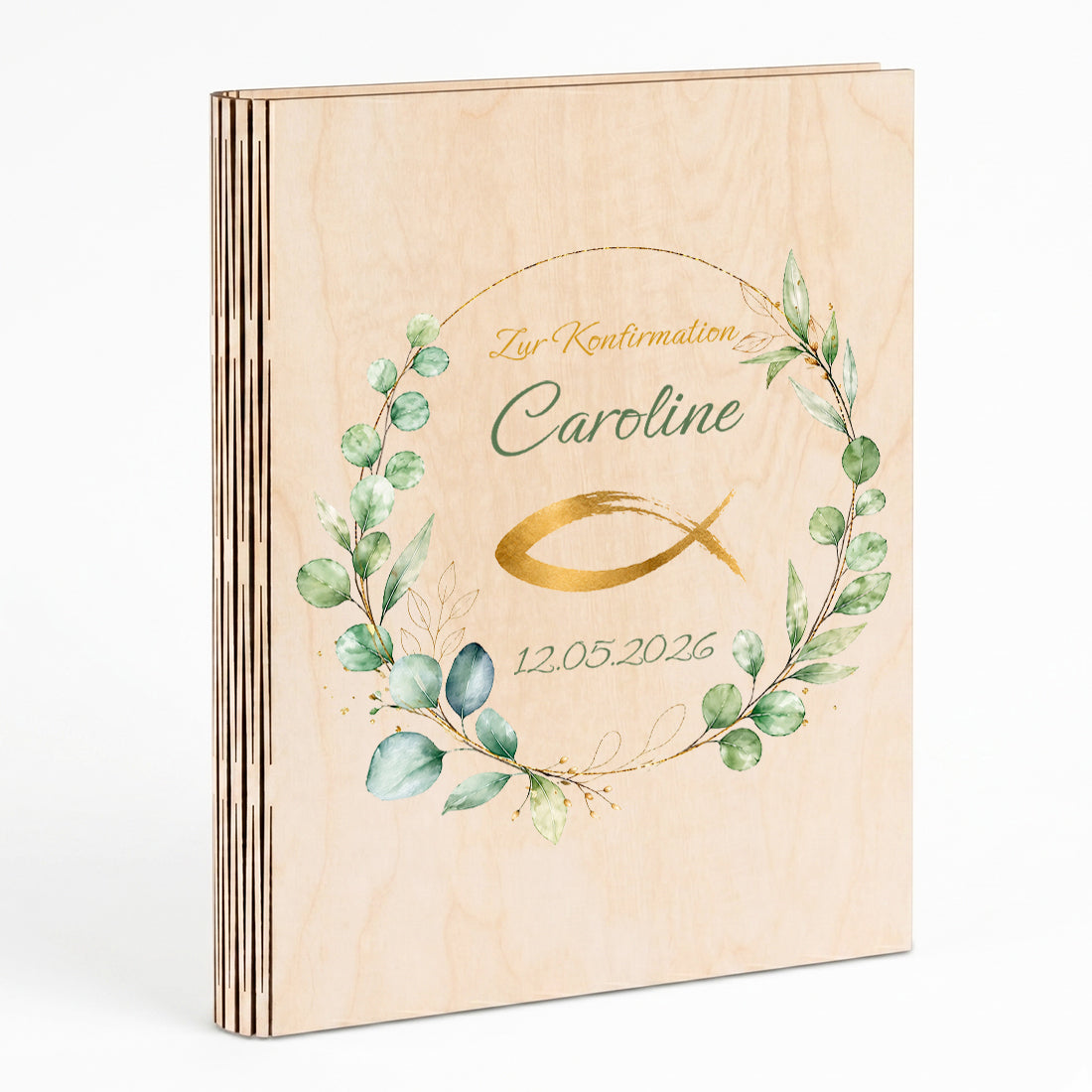 Personalisiertes Gästebuch aus Holz mit goldenem Fisch-Symbol zur Taufe oder Kommunion