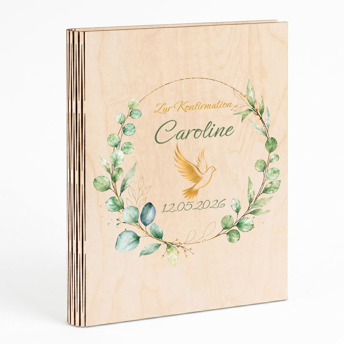 Personalisiertes Gästebuch aus Holz mit goldenem Tauben-Motiv und Datum