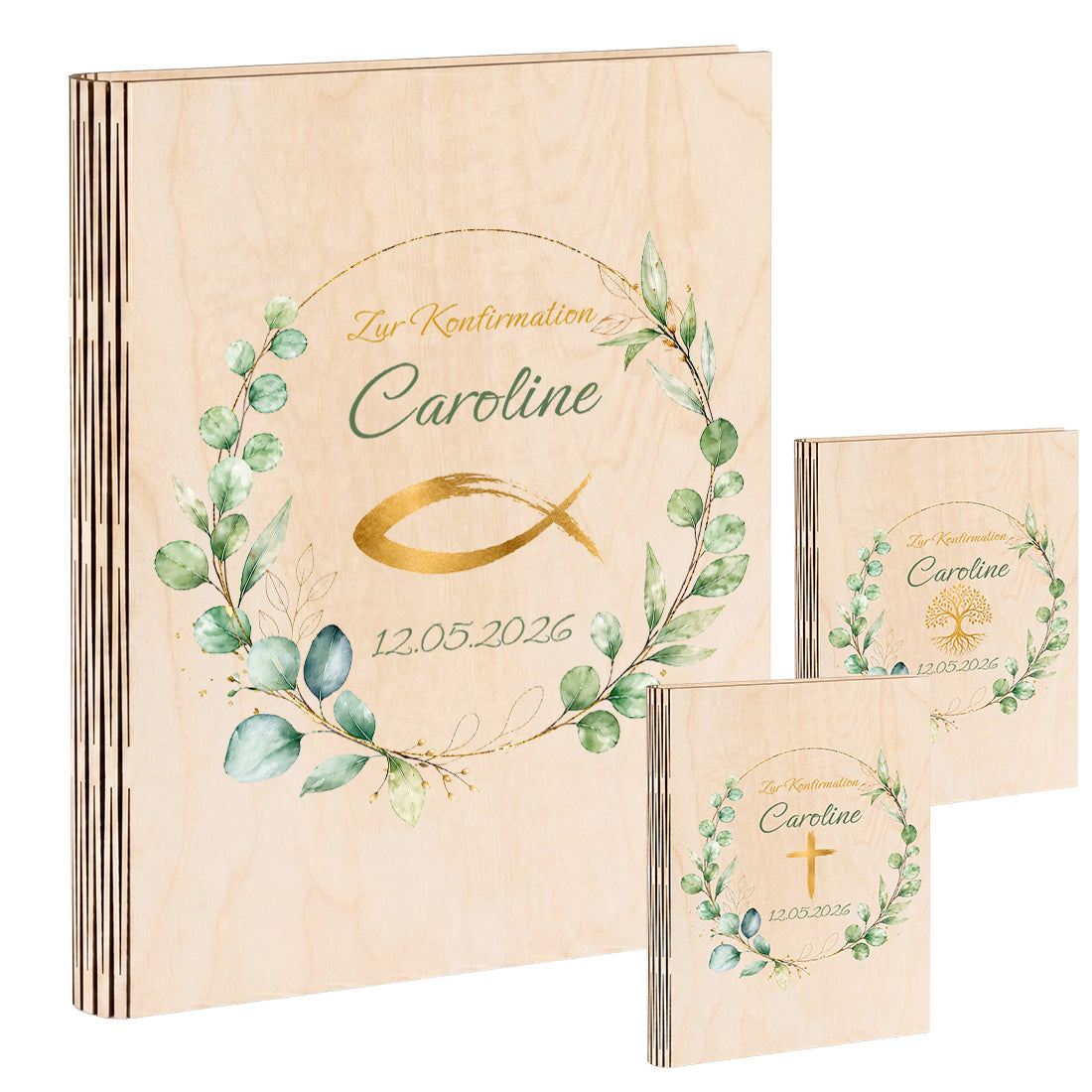 Personalisiertes Gästebuch aus Holz zur Konfirmation und Taufe in verschiedenen Ausführungen mit Eukalyptuskranz