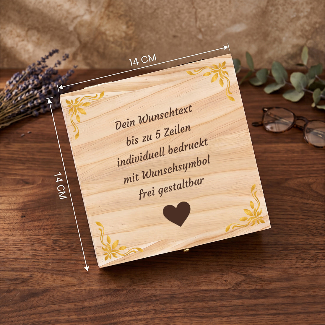 Personalisierte Geldgeschenkbox aus Holz mit den Maßen 14 x 14 cm