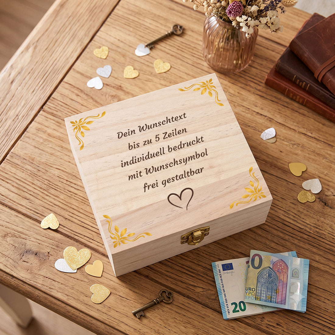 Geldgeschenkbox mit Magnetherz, Grußkarte, Trockenblumen und Geldfach
