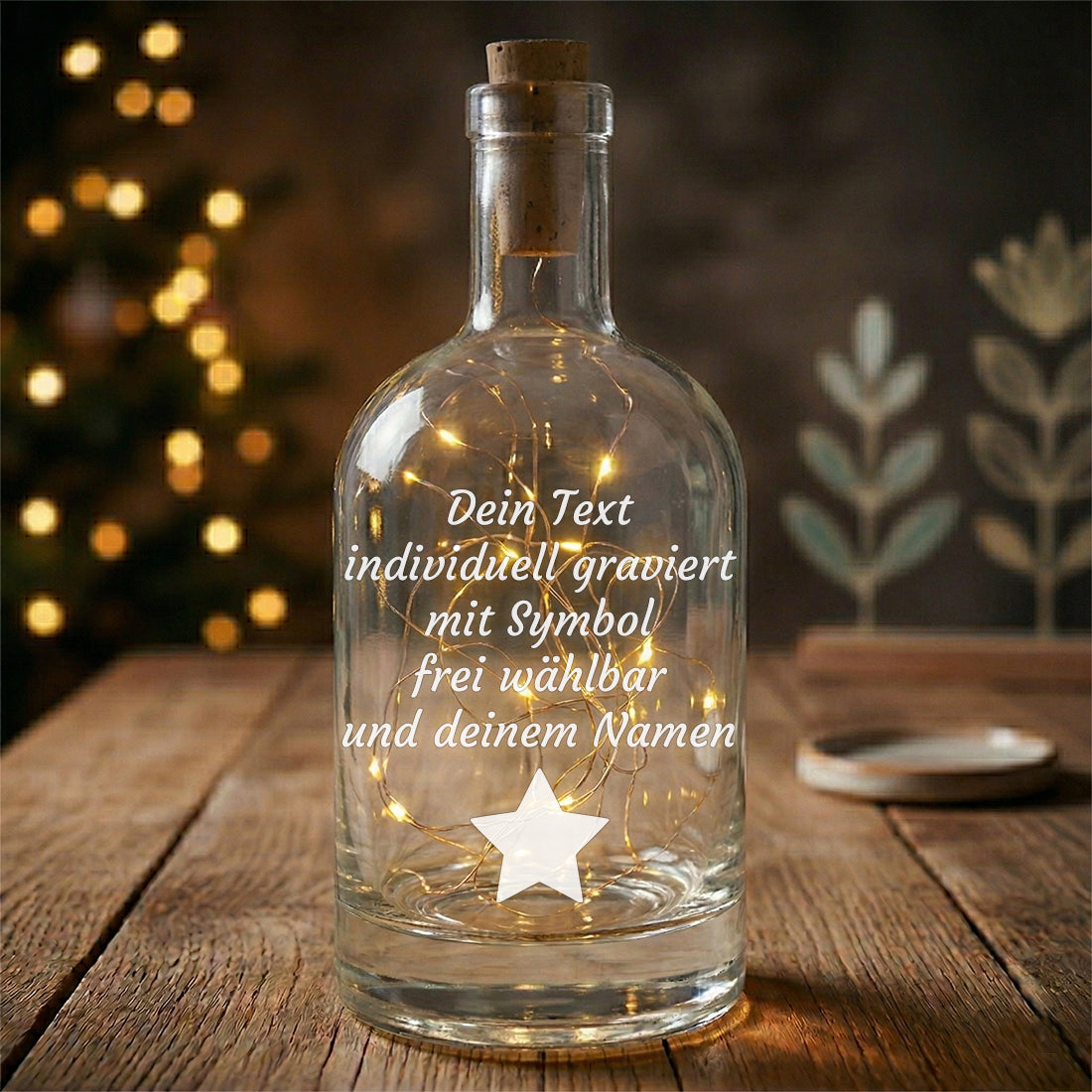 Beleuchtete Glasflasche mit Kronen-Motiv und persönlicher Gravur für Kinderzimmer oder Geburtstage.